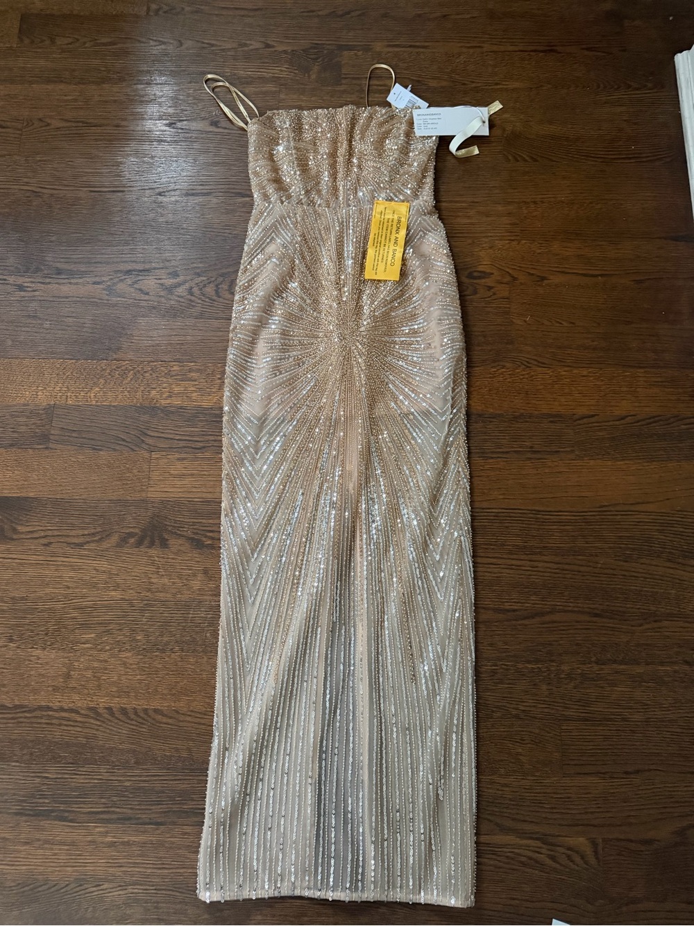 Strapless Gold Beaded Evening Dress with Delicate Straps